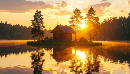 Fototapeta premium Peaceful Mountain Lake Cottage at Sunset With Perfect Reflection Views