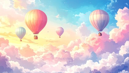 Obraz premium Dreamy Pastel Hot Air Balloons Floating in Soft Cloudy Sky Art Visuals
