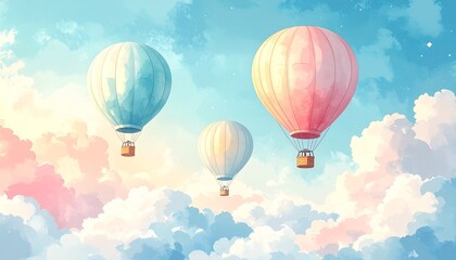 Fototapeta premium Dreamy Pastel Hot Air Balloons Floating in Soft Cloudy Sky Art Visuals
