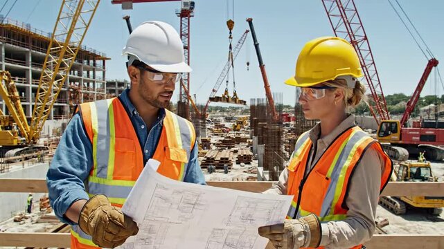 Civil engineers wearing safety vests and helmets at construction site.