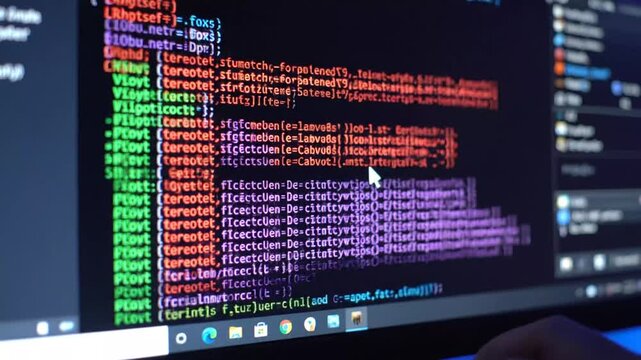 Close-up of computer screen displaying colorful software programming code.