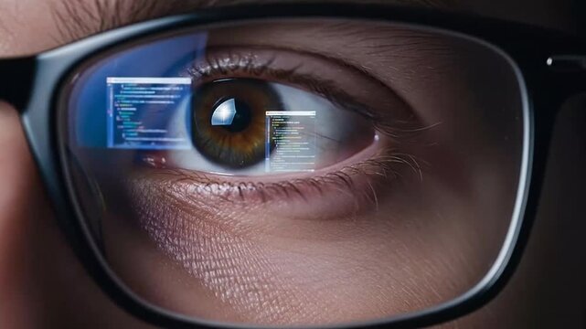 Close up of eye reflecting computer code through glasses