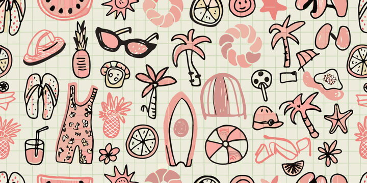 summer themed hand drawn pattern with beach elements