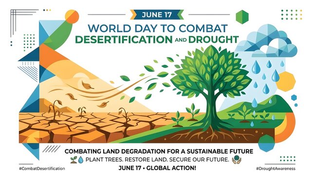 World Day to Combat Desertification and Drought awareness poster with tree and dry land