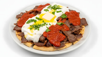 Fototapeta premium Iskender kebab in Turkish food style, red white and green colors, traditional restaurant meal