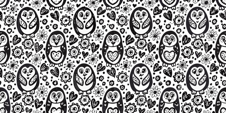 seamless pattern of black and white stylized owls with floral details