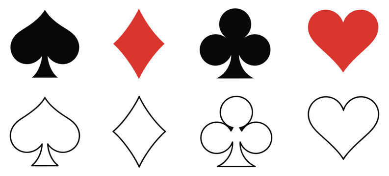 Playing card suits icon set featuring casino symbols for poker, gambling, and card game design concepts.