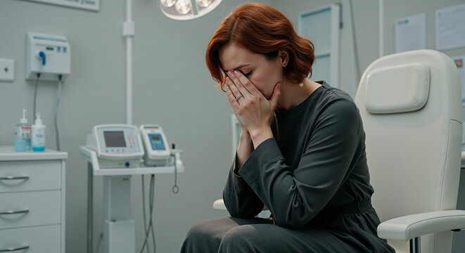 Woman covering her face with hands in medical clinic feeling distressed  