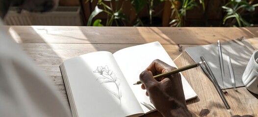 Mano escribiendo en un cuaderno sobre mesa de madera con luz natural en una escena de estudio, planificación y creatividad © EBG Stock Studio