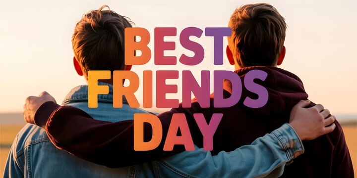 Best friends day text over two friends with arms around each other at sunset