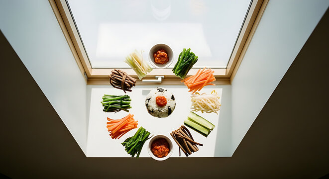 Assorted fresh raw vegetables and rice ball arranged for bibimbap meal