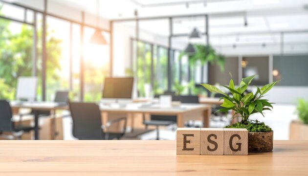 Bloques con letras ESG y planta verde en una oficina moderna como concepto de sostenibilidad empresarial