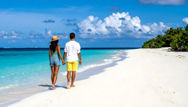 Pareja caminando por una playa tropical de arena blanca con mar turquesa y cielo azul en una escena de vacaciones rom&aacute;nticas