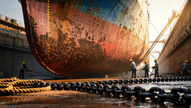 Industrial Maintenance of Rusty Ship Hull in Dry Dock