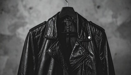 Fototapeta premium Stylish Black Leather Biker Jacket Hanging on a Concrete Wall