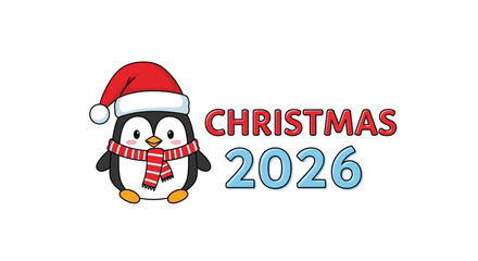 Fototapeta premium Cute Christmas 2026 Penguin Illustration with Winter Scarf