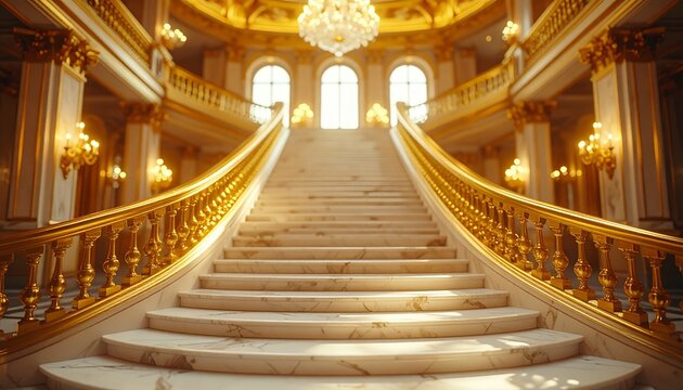 Luxurious Marble Grand Staircase with Ornate Gold Railings in Palace