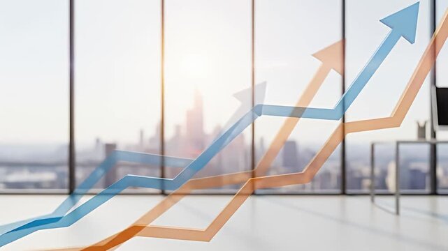 Upward trending charts in a modern office with a cityscape visible through large windows