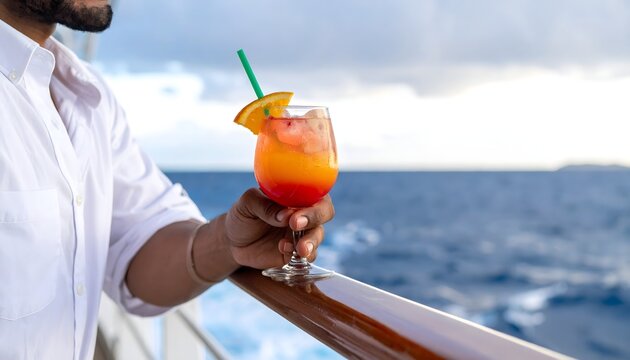 Hombre sosteniendo un c&oacute;ctel tropical en una terraza con vistas al mar durante unas vacaciones