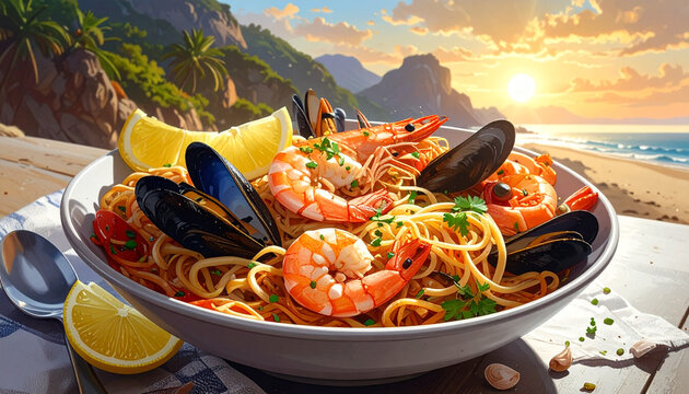 Delicious Seafood Pasta By Beach