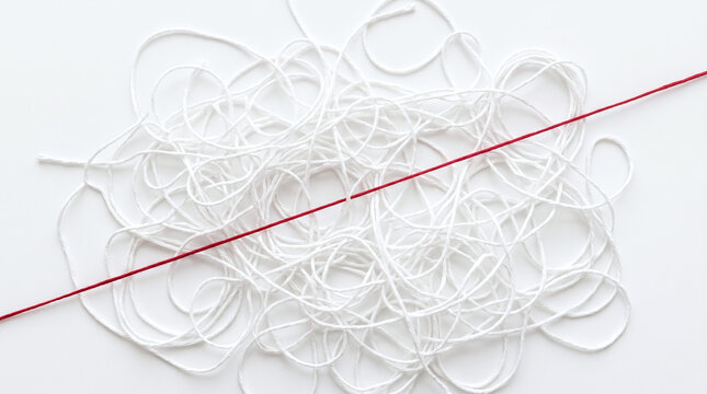 Straight red thread cutting through a tangled white mess