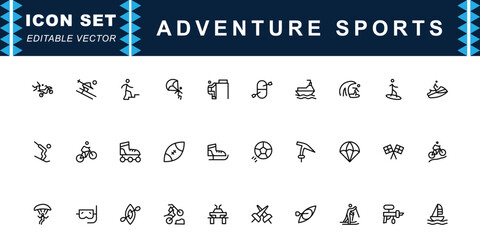 Adventure Sports icon set. Contains icons of Surfing, Cycling, Skiing, Kayaking, Paragliding, Jet Ski and more. Editable stroke. Vector illustration.  © Arts_A3