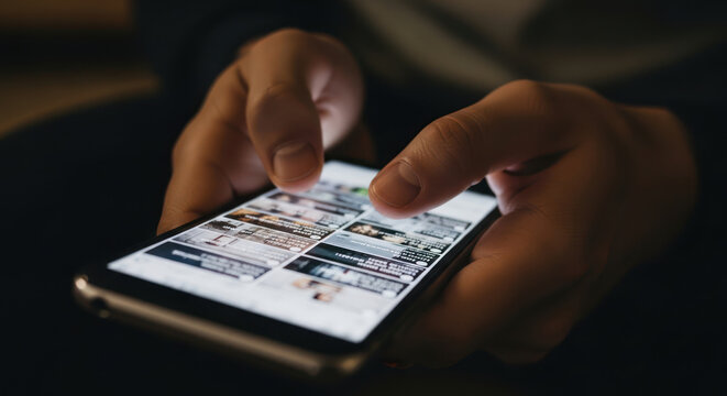 Person engrossed in smartphone browsing content illuminated screen focused hands.