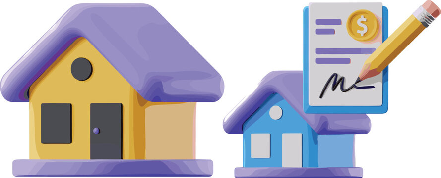 3D Real Estate House Models with Mortgage Loan Agreement Document and Pencil for Property Investment, Banking, and Home Buying Concept Illustrations