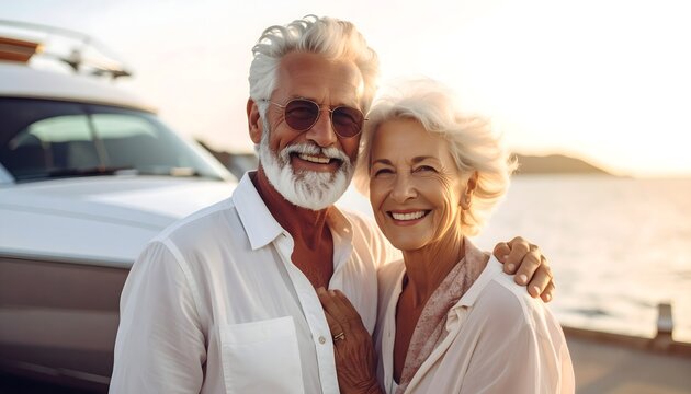 Pareja mayor sonriendo junto al mar en un puerto durante unas vacaciones de verano