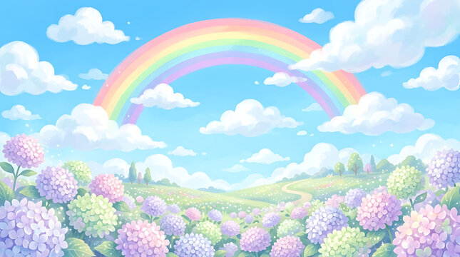 Vibrant Rainbow Arching Over Pastel Hydrangea Field Under Sunny Sky