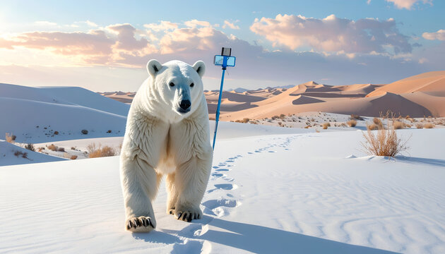 Polar Bear Walking in Desert Landscape with Selfie Stick.