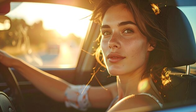 Mujer conduciendo un coche al atardecer con luz c&aacute;lida durante un viaje por carretera