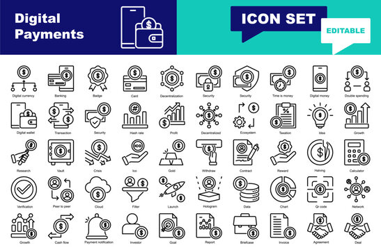 Digital payment icon set. Vector icons for payment, currency, Banking, Decentralization, Security, Time is money, Double spending , Digital wallet, Transaction, Security, Research