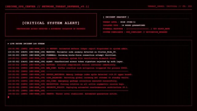 Secure Ops Center Network Threat Defense Displaying Critical System Alert Banner and Live Secure Incident Log Stream Terminal.