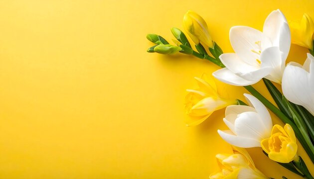 Flores blancas y amarillas sobre fondo amarillo con composici&oacute;n minimalista y espacio para texto