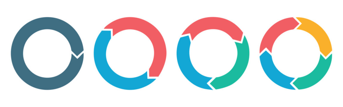 Circle arrows icon set. Round reload sign, repeat icon, rotate arrow symbol. Rotation round cycle scheme process template 1,2, 3, 4 parts. Vector illustration.