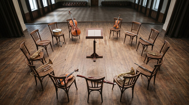 Empty Orchestra Circle with Instruments and No Conductor 