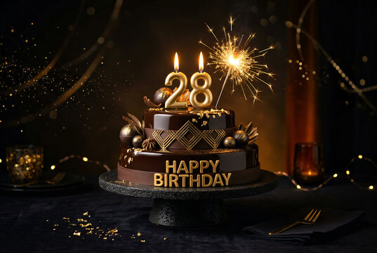 Elegant two-tiered chocolate cake with sparklers and happy birthday candles celebrating 28 years