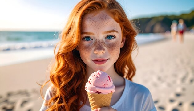 Ni&ntilde;a pelirroja sosteniendo un helado en la playa durante unas vacaciones de verano