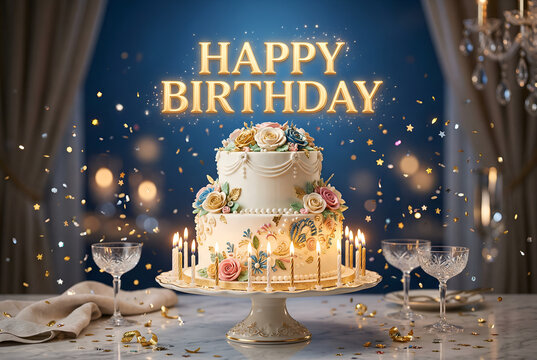 Happy birthday cake with flowers and candles, festive occasion, celebration, elegant table setting