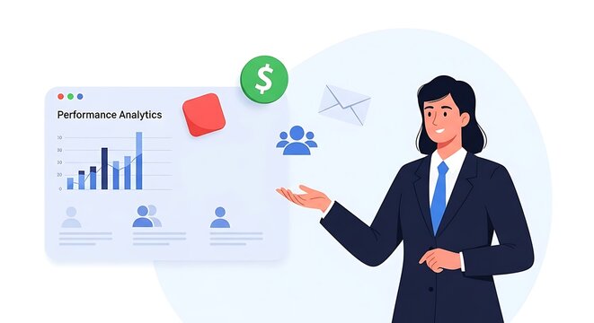 Businesswoman presents performance analytics data on a digital screen with illustrations.