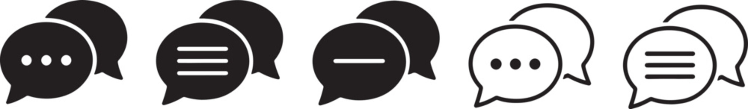 Collection of five black speech bubble with varying indicators also transparent background, chat message communication, dialogue conversation notification, comment feedback question ellipsis