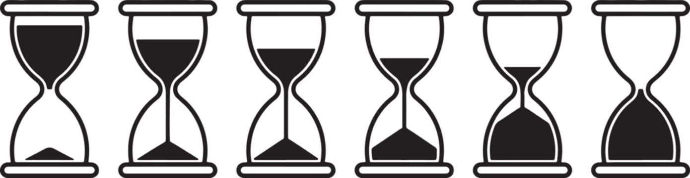 Six black hourglass showing progression of time from full to empty, isolated on white also transparent background