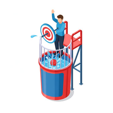 Isometric dunk tank carnival attraction with man and splash