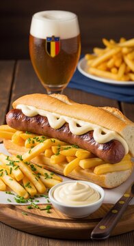 Belgian mitraillette sandwich with sausage fries and mayonnaise on rustic wooden table