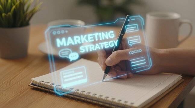 Content creator hand writing on notebook with digital content strategy hologram, creative social media marketing planning concept and online business editorial innovation in home office.