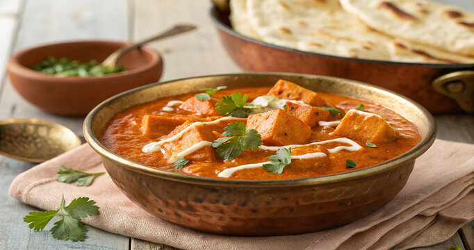 Flavorful Indian paneer butter masala gravy topped with fresh cream and herbs on a cloth napkin. Cottage cheese curry dish with aromatic spices served alongside flatbread on a bright wooden surface