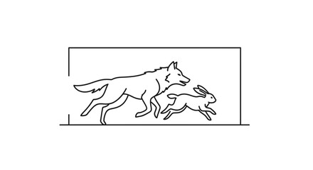 Fototapeta premium Wolf Chasing Rabbit Line Art Illustration - Predator Prey Dynamic