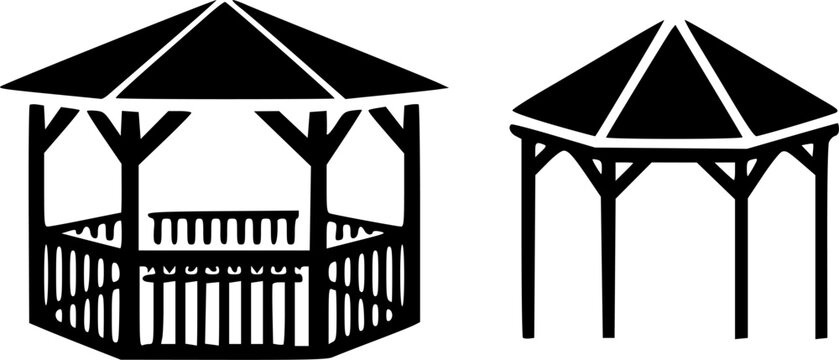 Set of two black silhouette gazebo icons featuring ornamental and open pavilion styles with decorative railings and rooftop, perfect for garden, park, outdoor, and landscape design projects