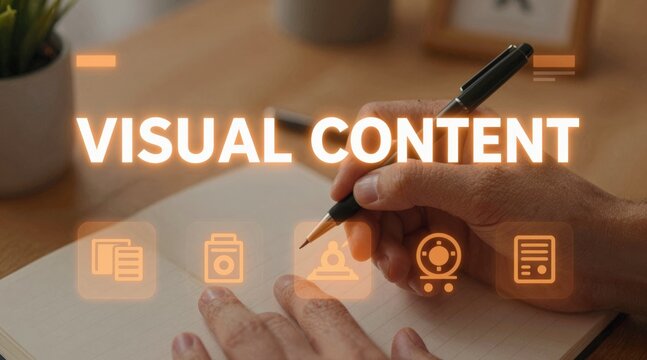 Content creator hand writing on notebook with digital content strategy hologram, creative social media marketing planning concept and online business editorial innovation in home office.